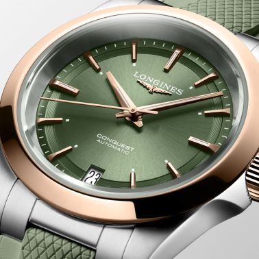 Montre Longines Conquest Or rose automatique cadran vert bracelet caoutchouc vert 34 mm