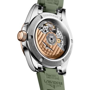 Montre Longines Conquest Or rose automatique cadran vert bracelet caoutchouc vert 34 mm