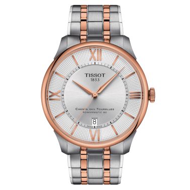 Montre Tissot T-Classic Chemin des Tourelles PVD Or Rose Powermatic 80 cadran argent bracelet acier 42 mm T139.407.22.038.00