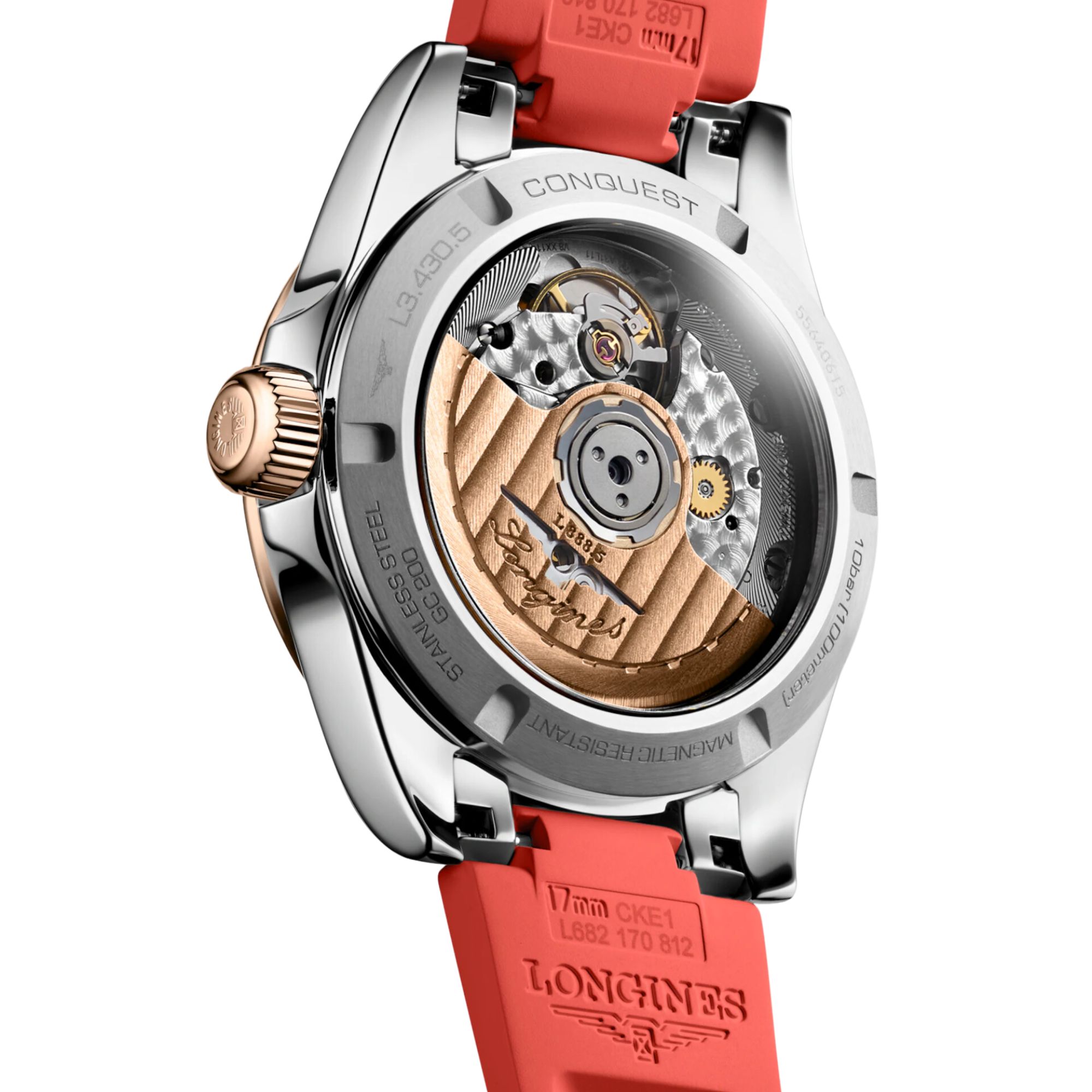 Longines Conquest automatic rose gold watch green dial green rubber strap 34 mm