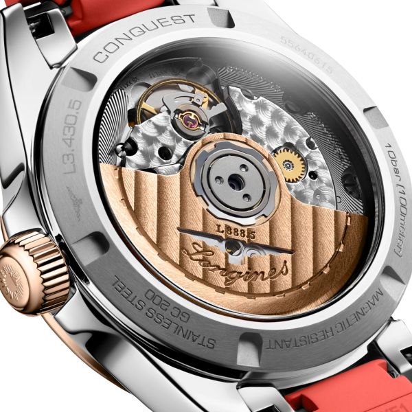 Longines Conquest automatic rose gold watch green dial green rubber strap 34 mm