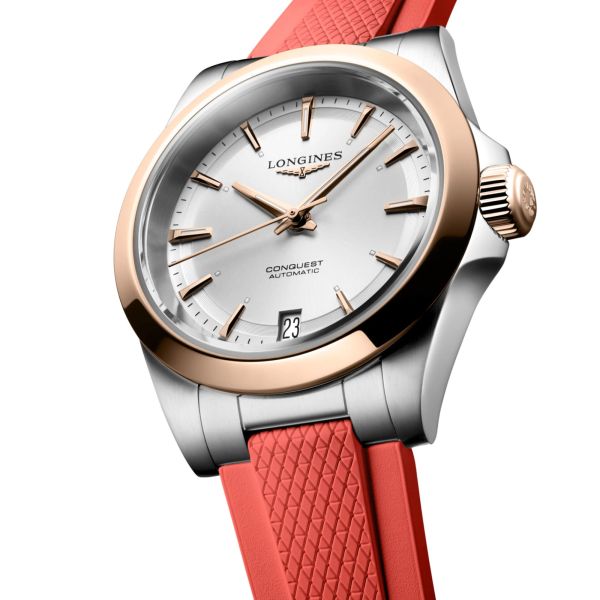 Longines Conquest automatic rose gold watch green dial green rubber strap 34 mm