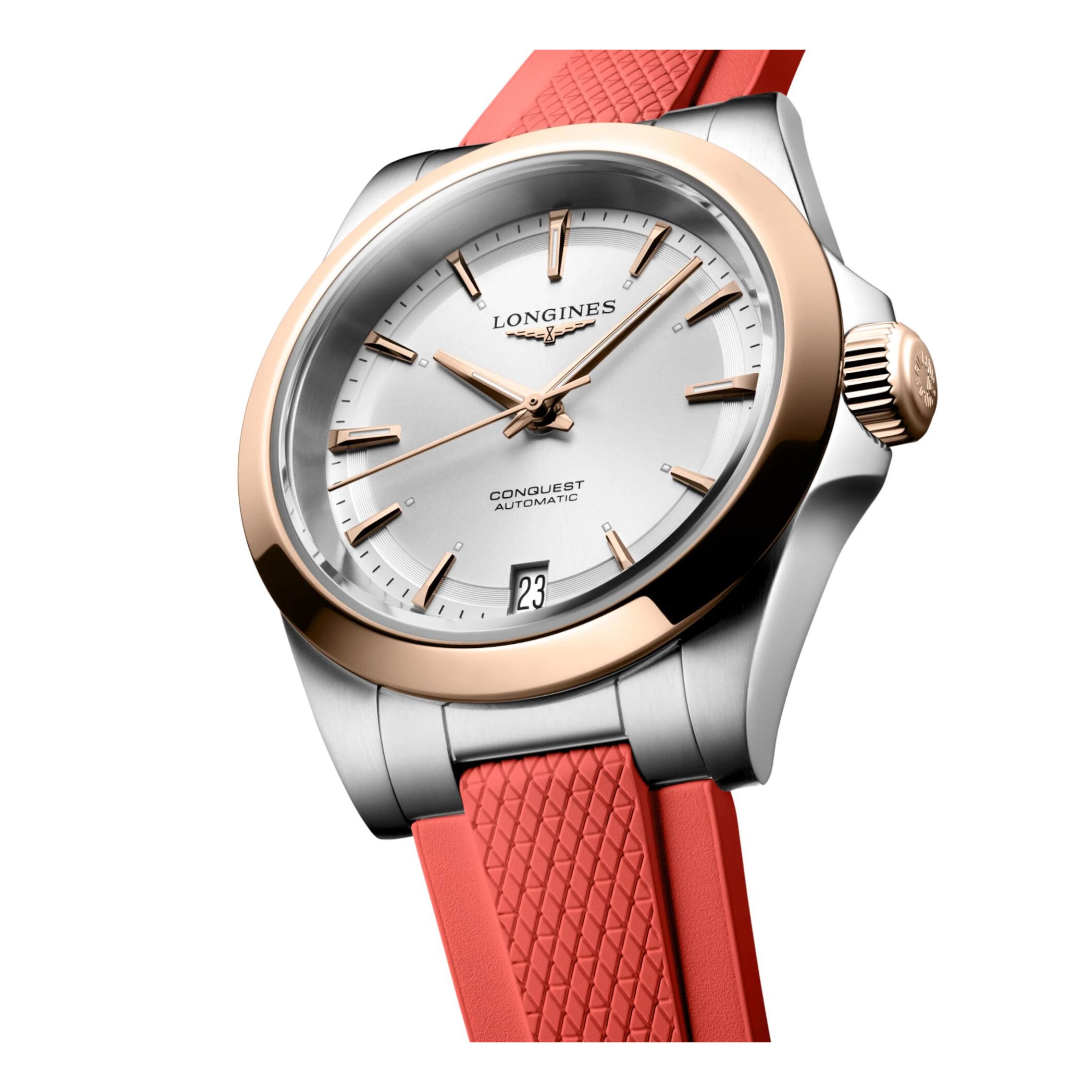 Longines Conquest automatic rose gold watch silver dial red rubber