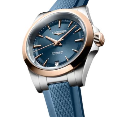 Longines Conquest automatic rose gold watch blue dial blue rubber strap 34 mm