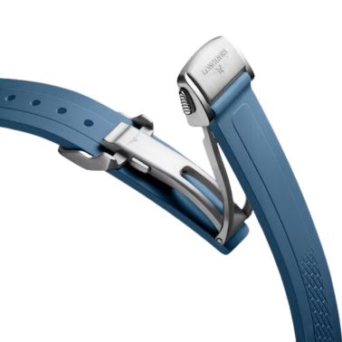 Longines Conquest automatic rose gold watch blue dial blue rubber strap 34 mm