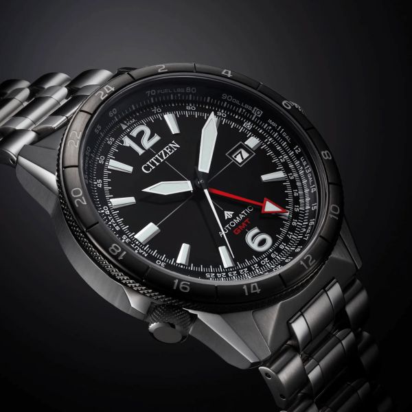 Montre Citizen Promaster Sky Mechanical GMT automatique cadran noir bracelet acier 44,5 mm