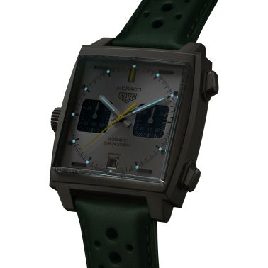Montre TAG Heuer Monaco Chronograph Racing Green automatique cadran argenté bracelet cuir vert 39 mm CAW218E.FC6565