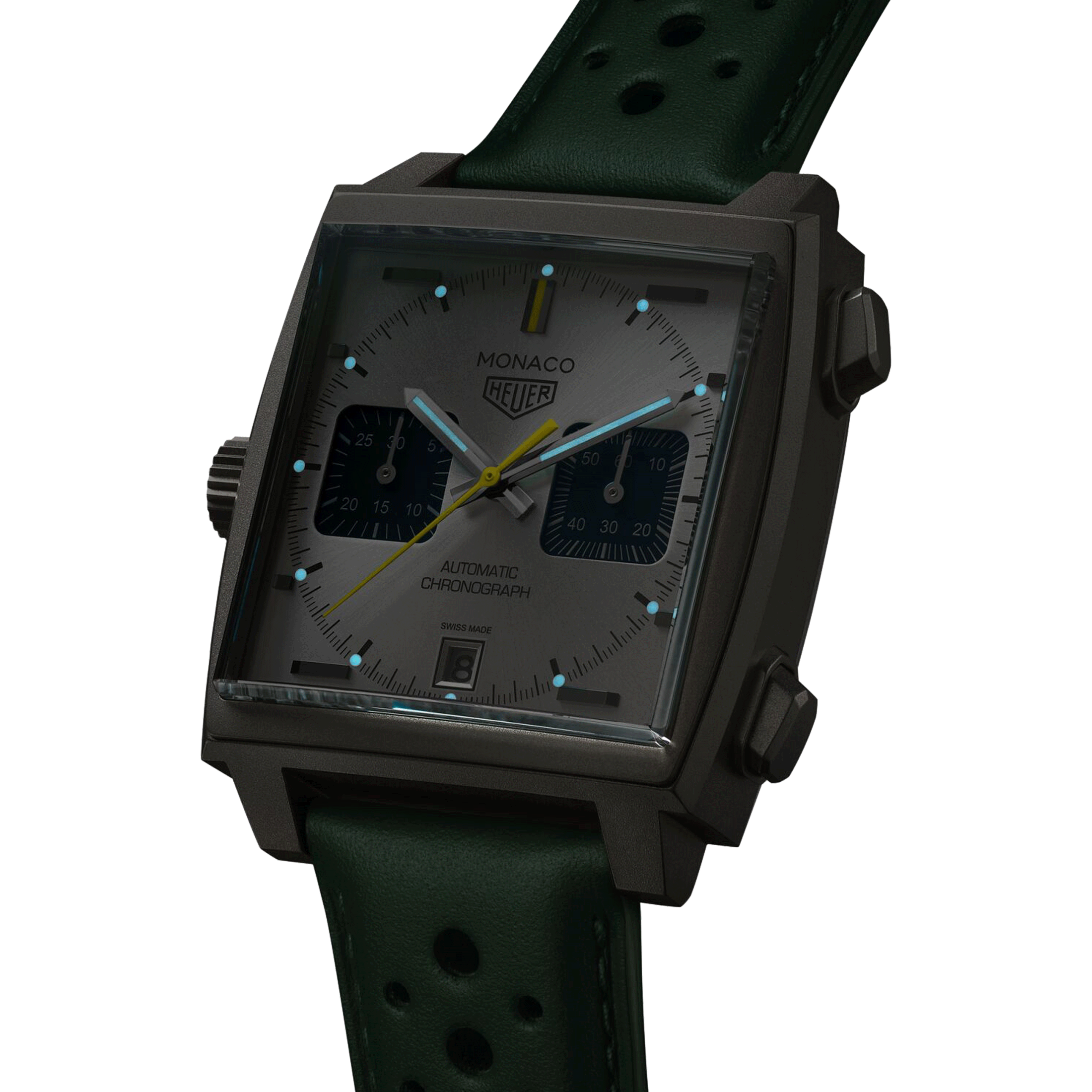 Montre TAG Heuer Monaco Chronograph Racing Green automatique cadran argenté bracelet cuir vert 39 mm CAW218E.FC6565