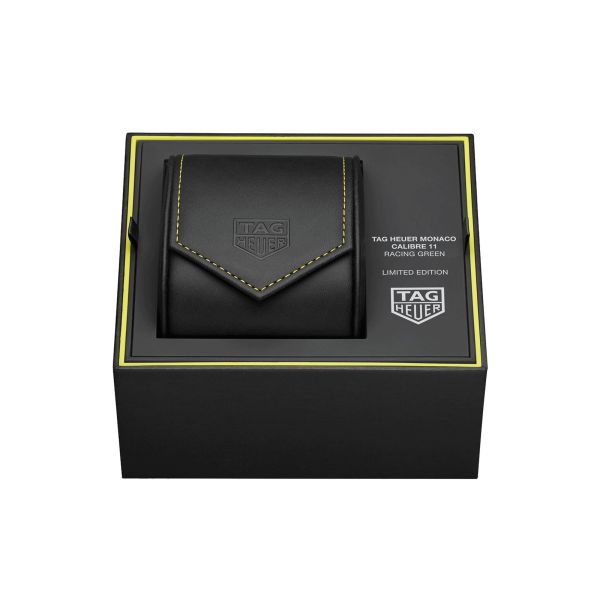 Montre TAG Heuer Monaco Chronograph Racing Green automatique cadran argenté bracelet cuir vert 39 mm CAW218E.FC6565