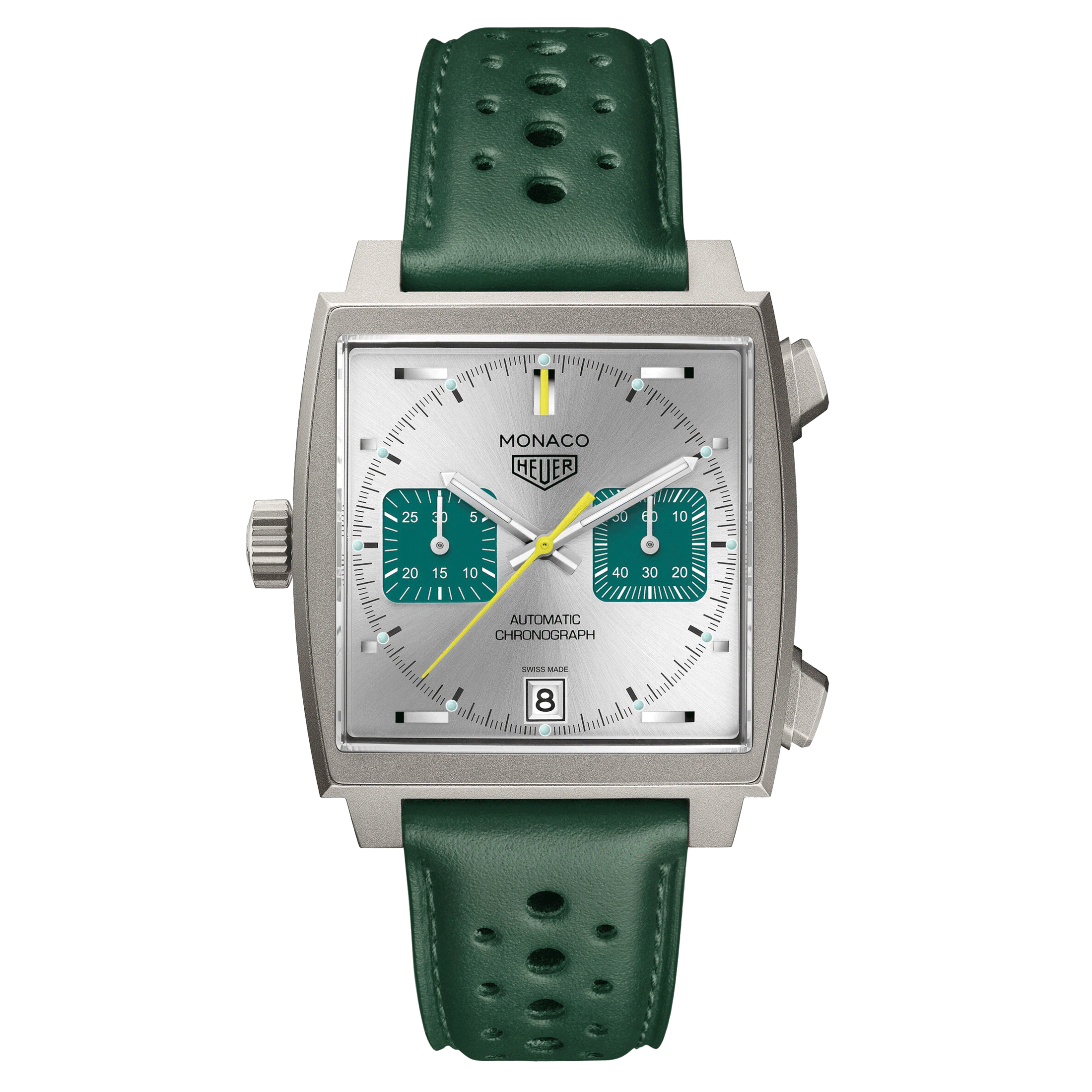Montre TAG Heuer Monaco Chronograph Racing Green automatique cadran argenté bracelet cuir vert 39 mm CAW218E.FC6565