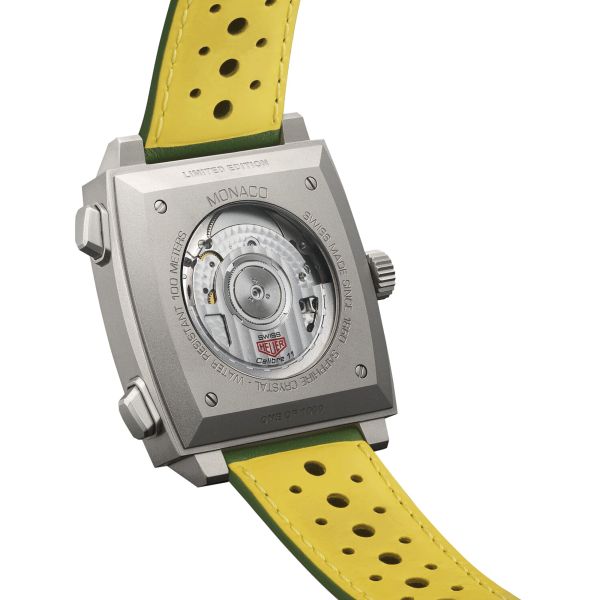 Montre TAG Heuer Monaco Chronograph Racing Green automatique cadran argenté bracelet cuir vert 39 mm CAW218E.FC6565