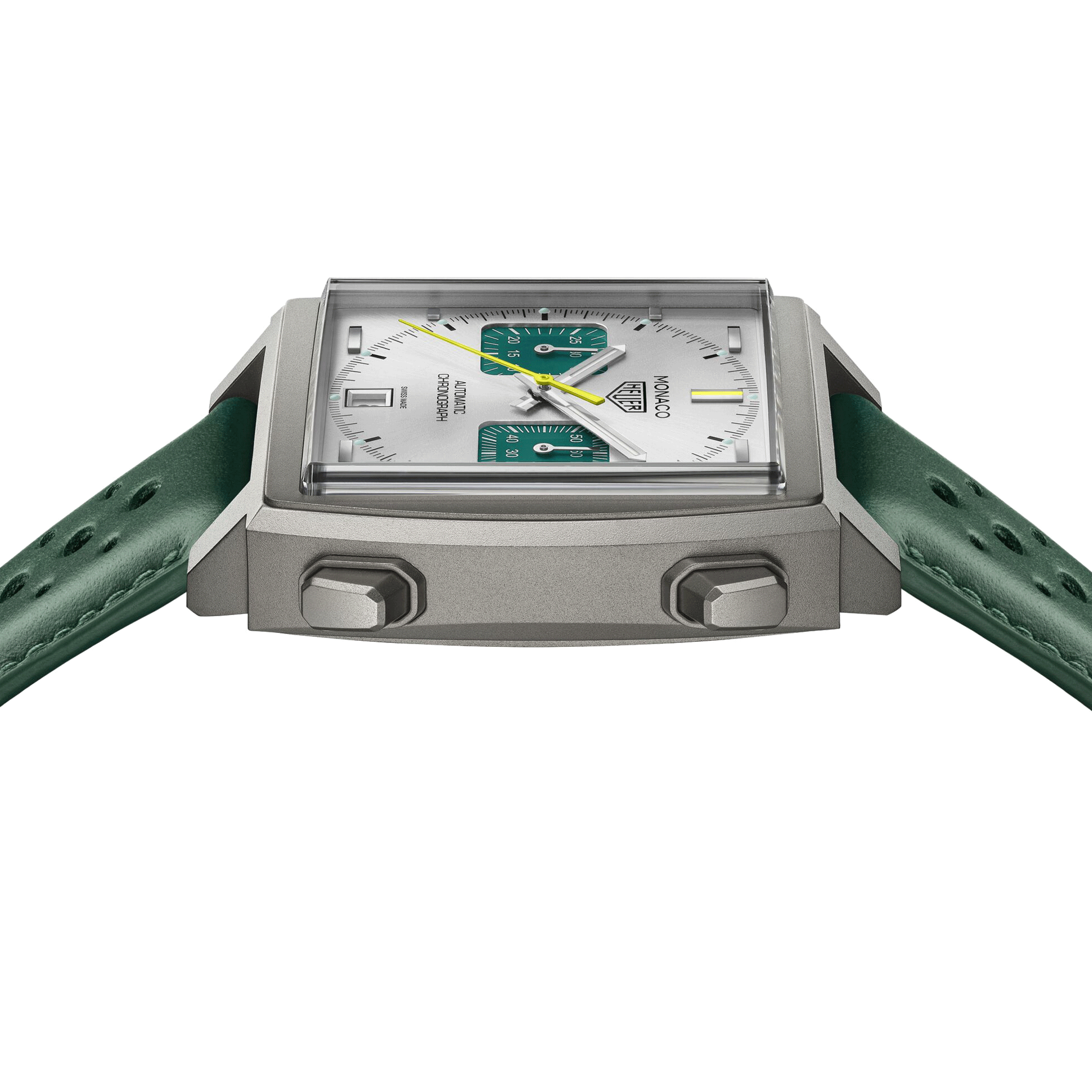 Montre TAG Heuer Monaco Chronograph Racing Green automatique cadran argenté bracelet cuir vert 39 mm CAW218E.FC6565