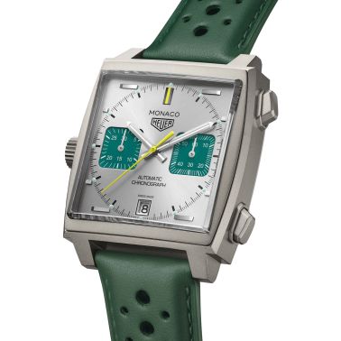 Montre TAG Heuer Monaco Chronograph Racing Green automatique cadran argenté bracelet cuir vert 39 mm CAW218E.FC6565
