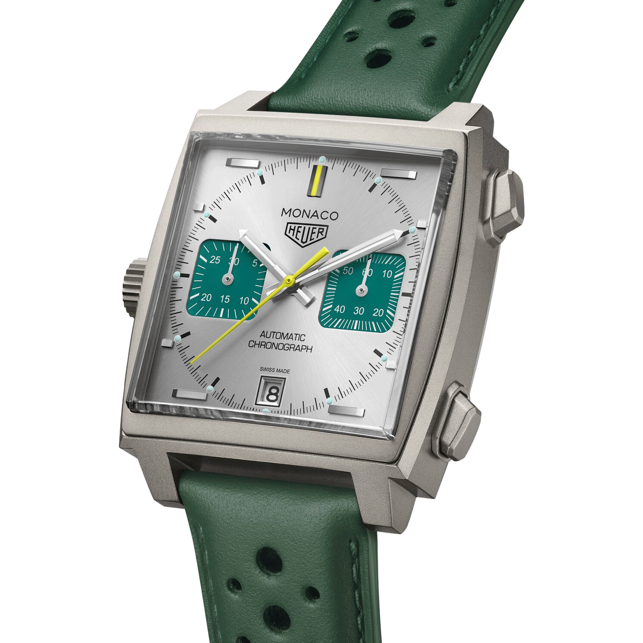 Montre TAG Heuer Monaco Chronograph Racing Green automatique cadran argenté bracelet cuir vert 39 mm CAW218E.FC6565