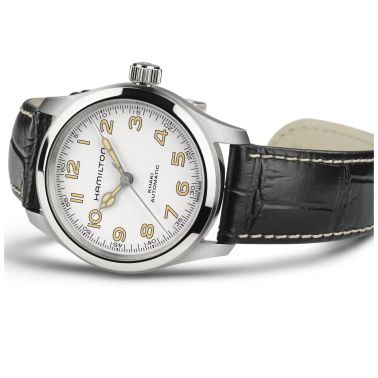 Hamilton Khaki Field Murph automatic watch white dial black leather strap 38 mm