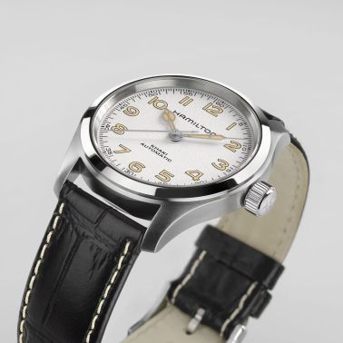 Hamilton Khaki Field Murph automatic watch white dial black leather strap 38 mm