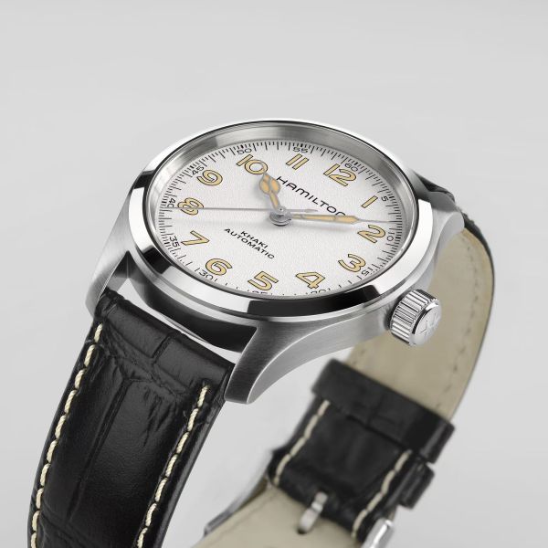 Hamilton Khaki Field Murph automatic watch white dial black leather strap 38 mm