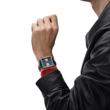 TAG Heuer Monaco Calibre 11 watch blue dial black perforated leather strap 39 mm