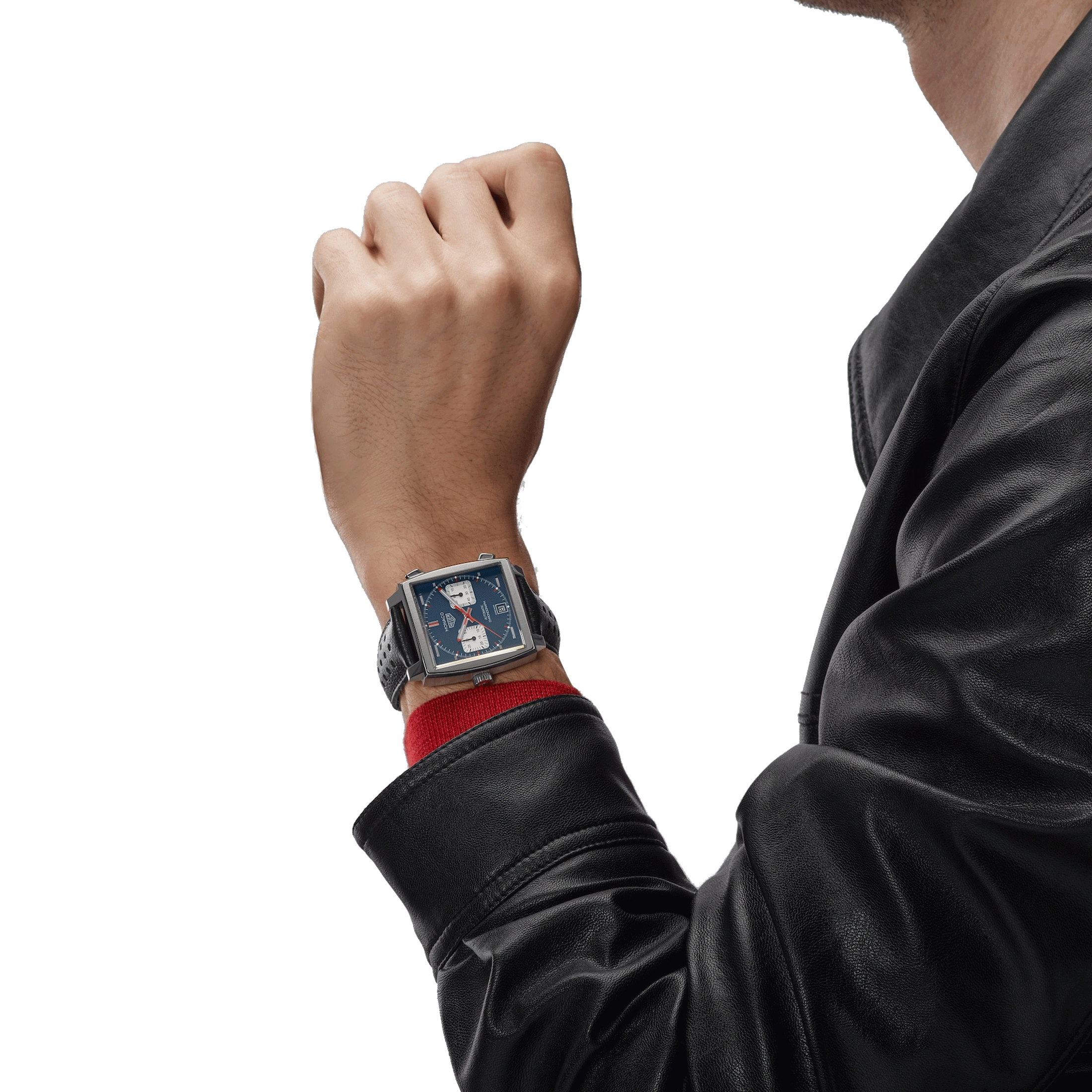 Montre TAG Heuer Monaco Calibre 11 cadran bleu bracelet cuir perforé noir 39 mm CAW211P.FC6356