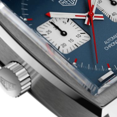 TAG Heuer Monaco Calibre 11 watch blue dial black perforated leather strap 39 mm