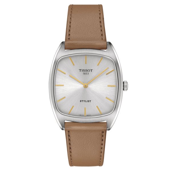 Montre Tissot Stylist quartz cadran argent bracelet cuir marron clair 32 x 32 mm T159.909.16.031.00