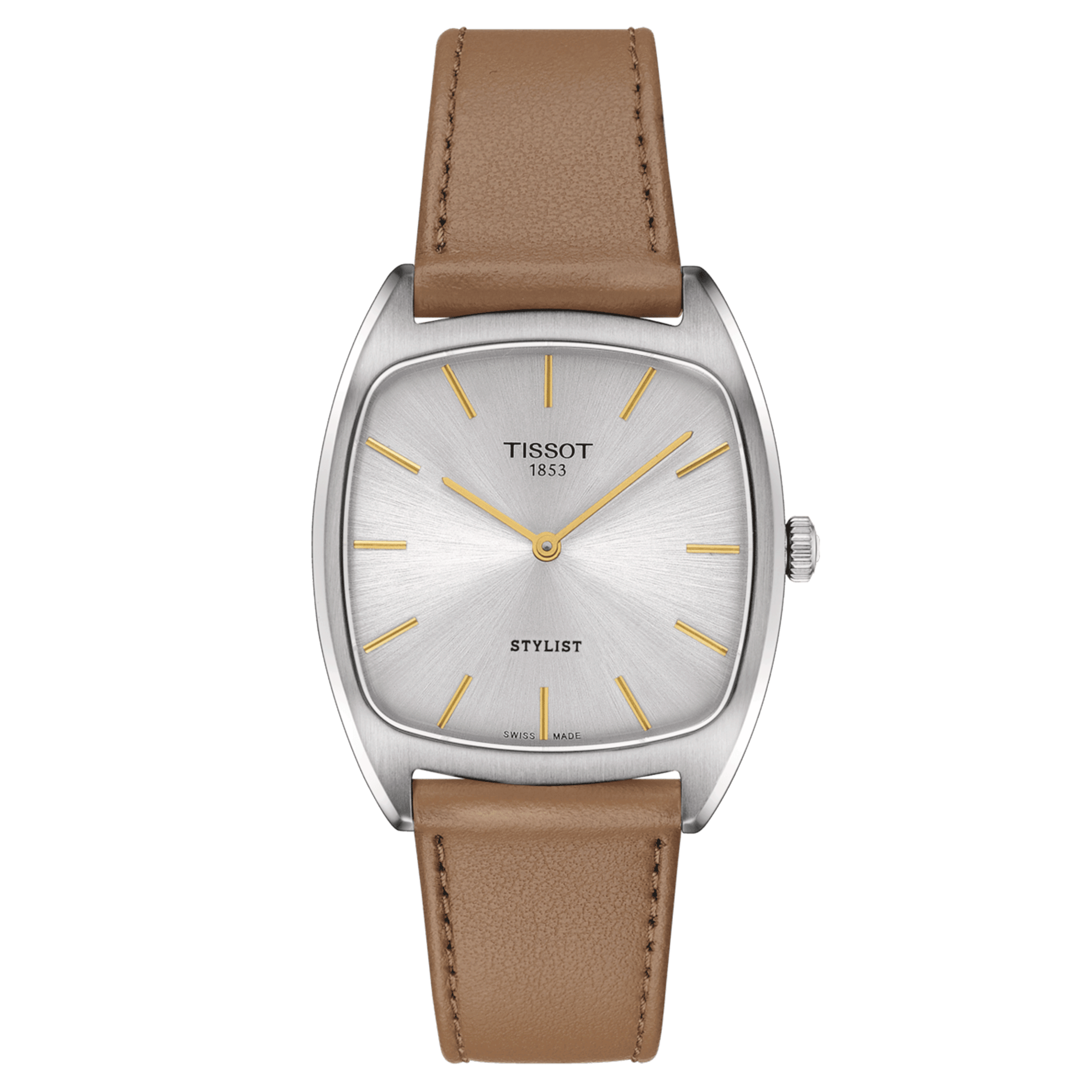 Tissot Stylist quartz watch silver dial light brown leather strap 32 x 32 mm