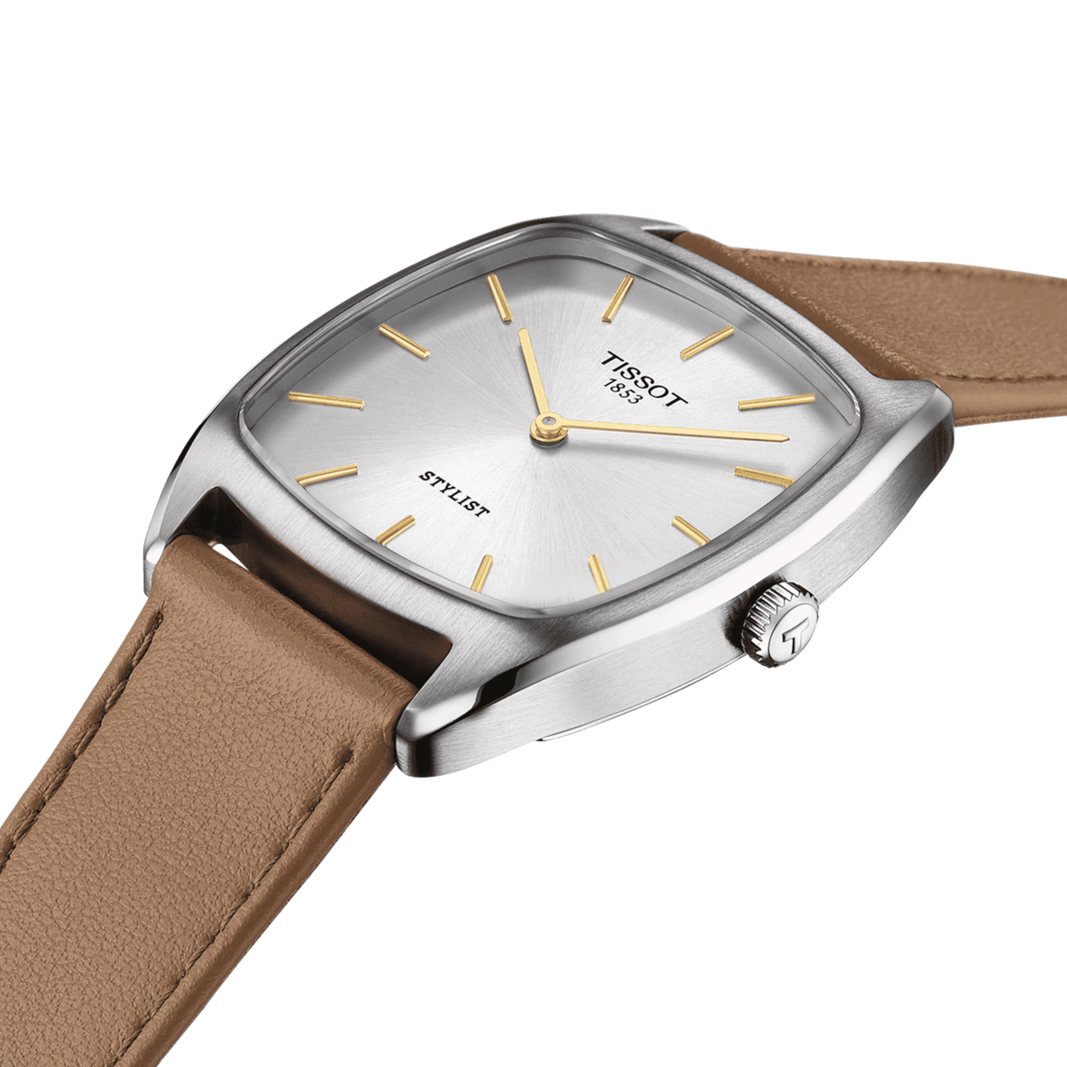 Tissot Stylist quartz watch silver dial light brown leather strap 32 x 32 mm