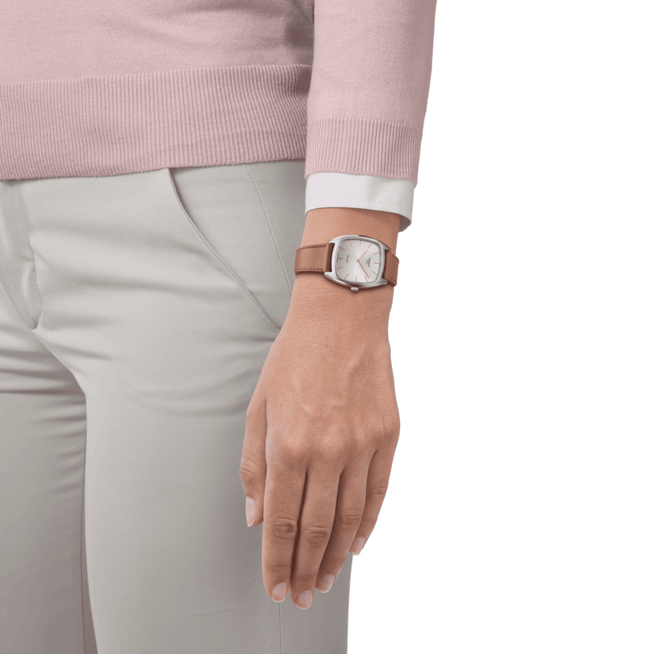 Tissot Stylist quartz watch silver dial light brown leather strap 32 x 32 mm