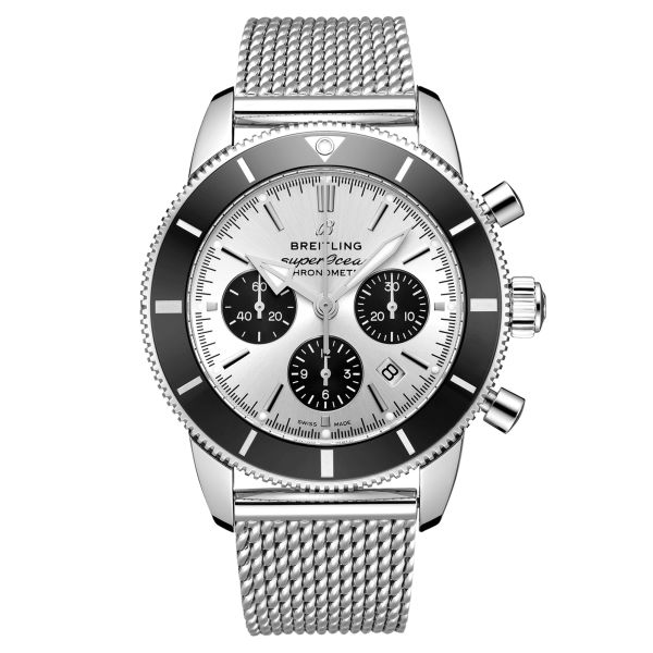 Breitling Superocean Heritage II B01 automatic chronograph watch silver dial Milanese link bracelet 44 mm