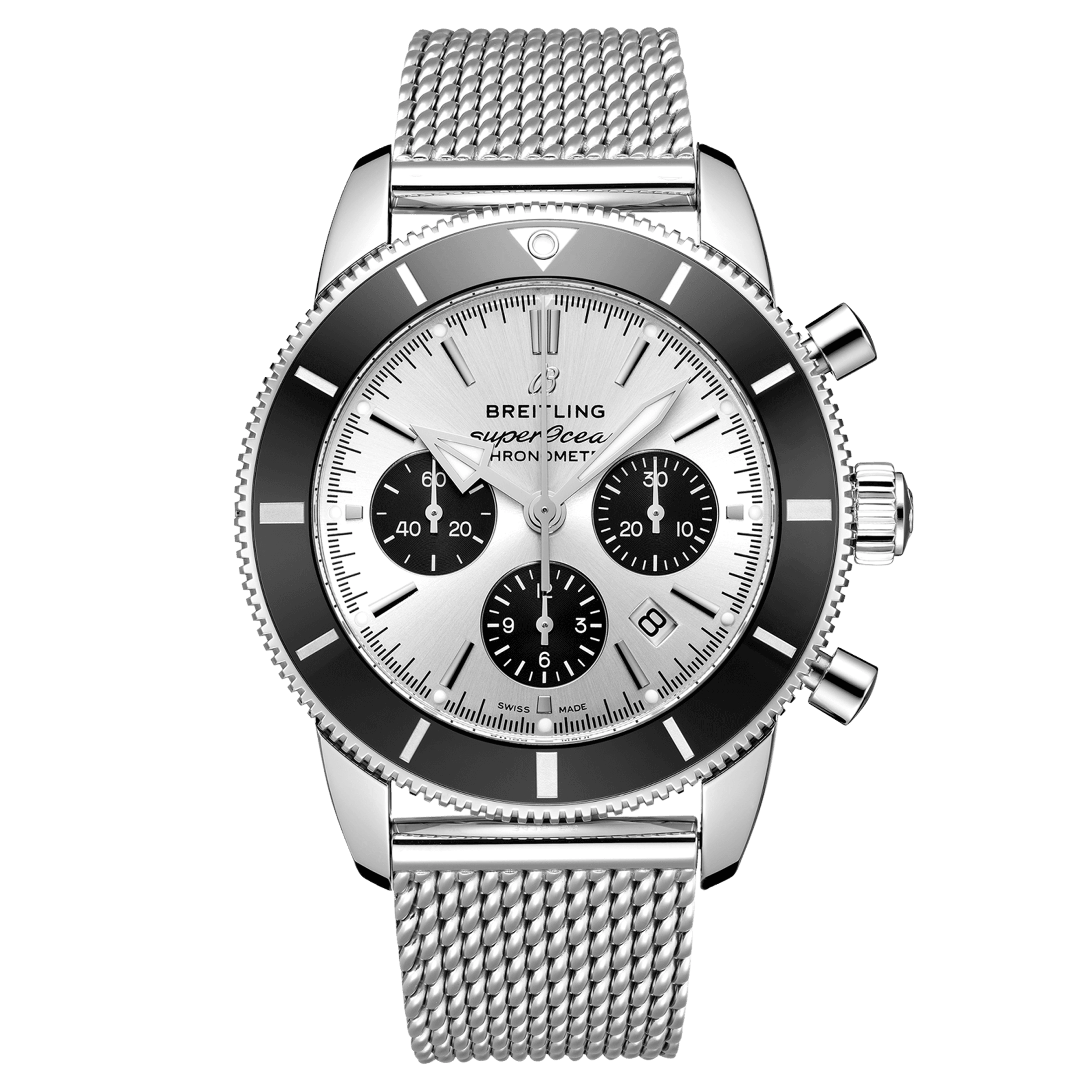Montre Breitling Superocean Heritage II B01 chronograph automatique cadran argenté bracelet maille milanaise 44 mm AB0162121G1A1