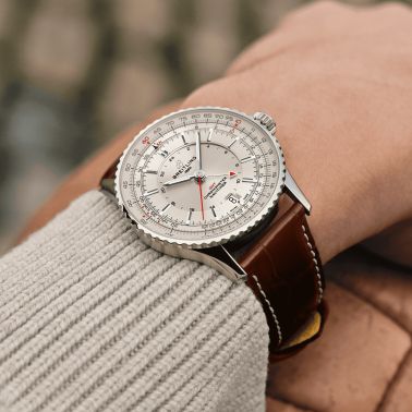 Breitling Navitimer GMT 2024 automatic watch silver dial brown leather strap 41 mm