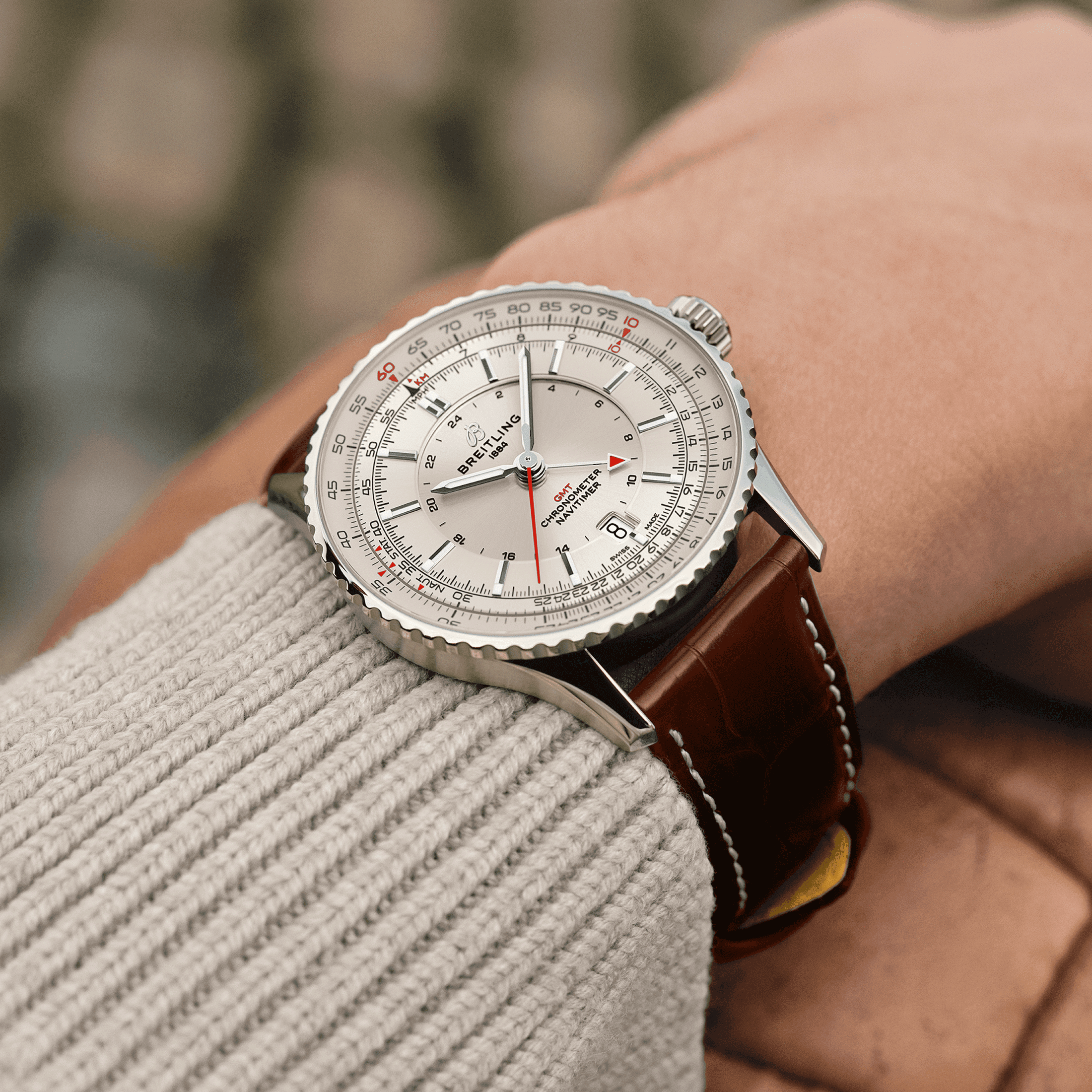 Breitling Navitimer GMT 2024 automatic watch silver dial brown leather strap 41 mm