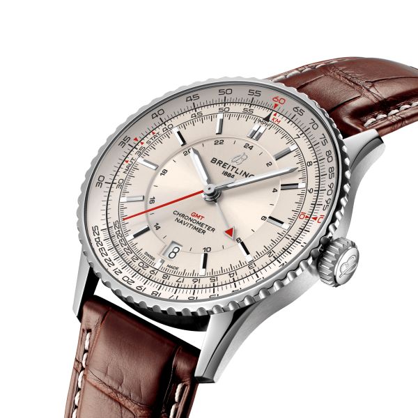 Breitling Navitimer GMT 2024 automatic watch silver dial brown leather strap 41 mm