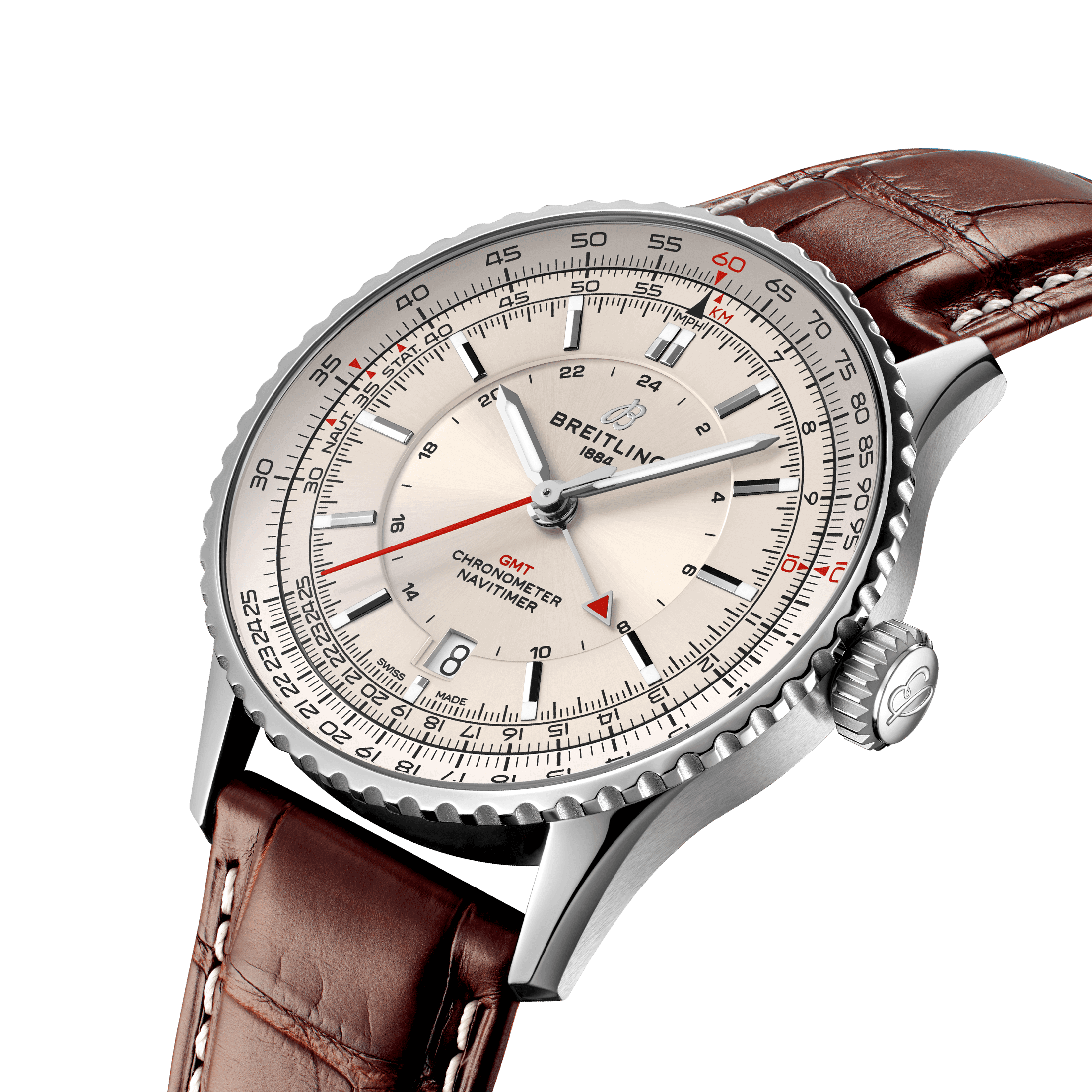 Breitling Navitimer GMT 2024 automatic watch silver dial brown leather strap 41 mm