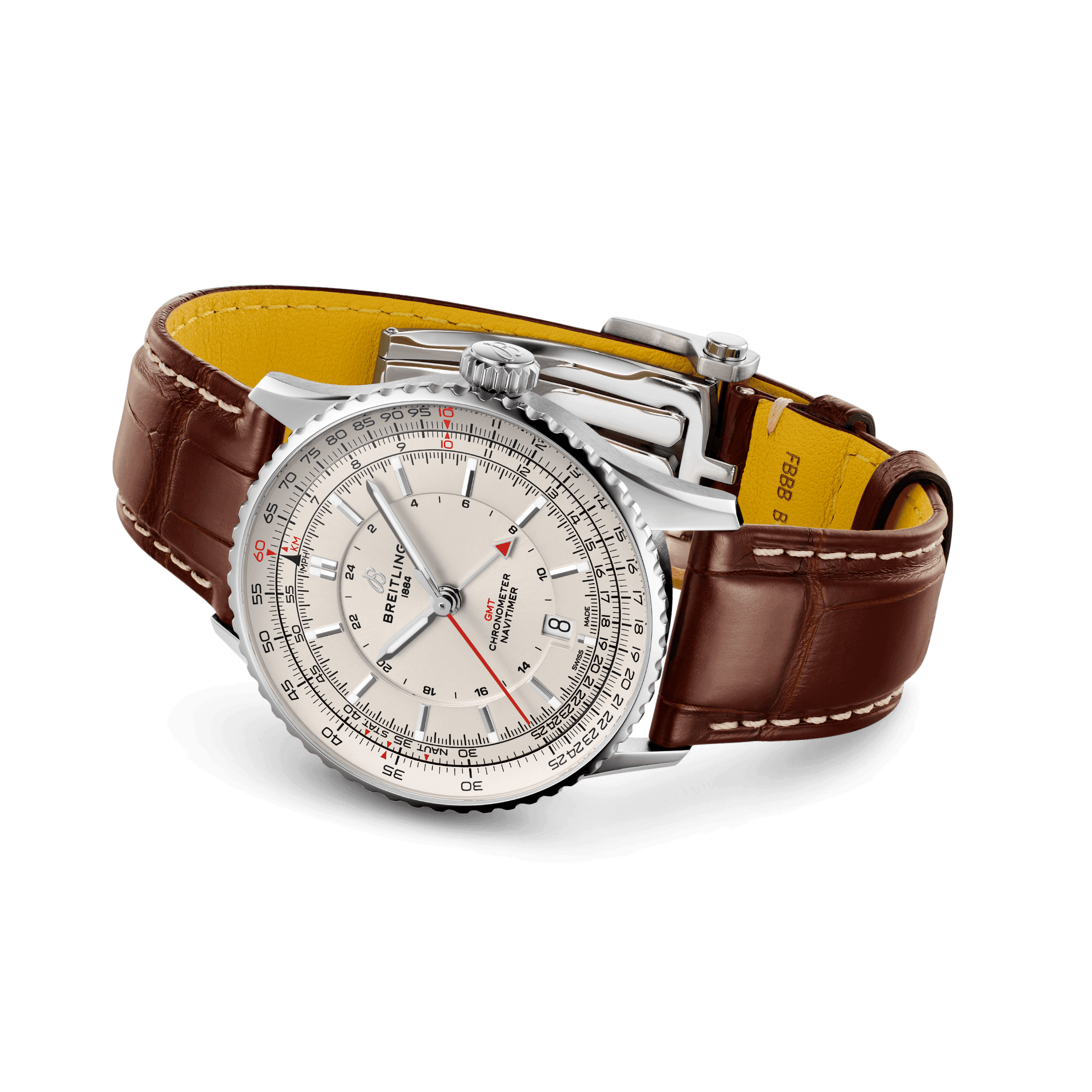 Breitling Navitimer GMT 2024 automatic watch silver dial brown leather strap 41 mm