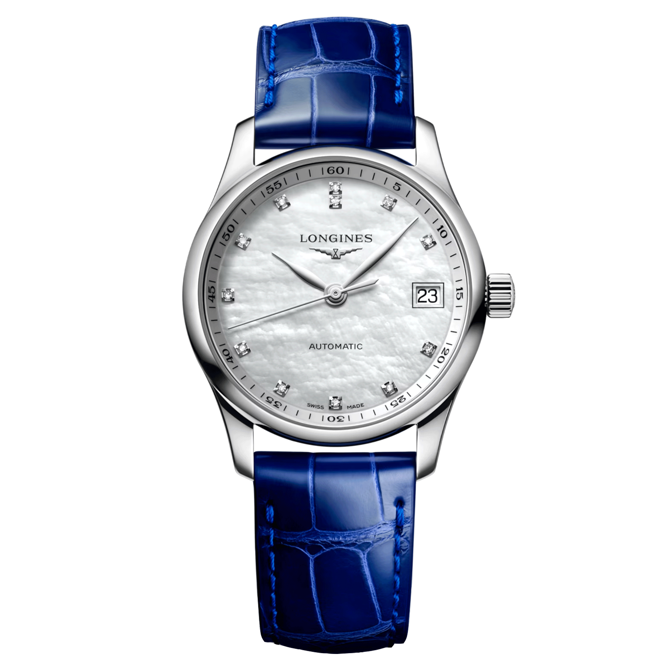 Montre Longines Master Collection automatique index diamants cadran nacre blanche bracelet cuir bleu 34 mm L2.357.4.87.0