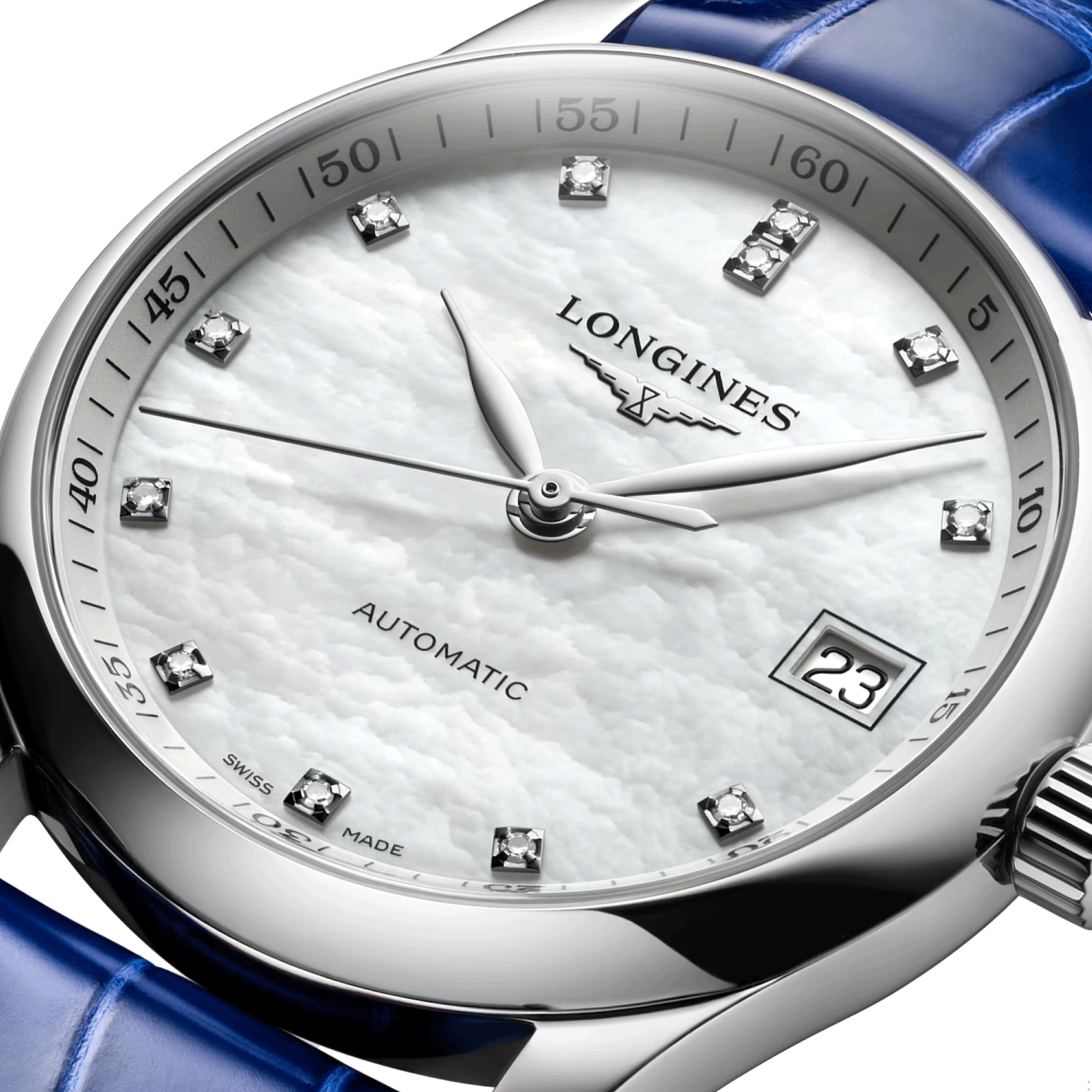 Montre Longines Master Collection automatique index diamants cadran nacre blanche bracelet cuir bleu 34 mm L2.357.4.87.0