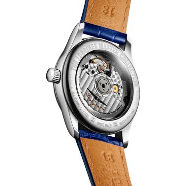 Montre Longines Master Collection automatique index diamants cadran nacre blanche bracelet cuir bleu 34 mm L2.357.4.87.0