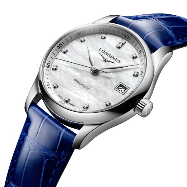 Montre Longines Master Collection automatique index diamants cadran nacre blanche bracelet cuir bleu 34 mm L2.357.4.87.0