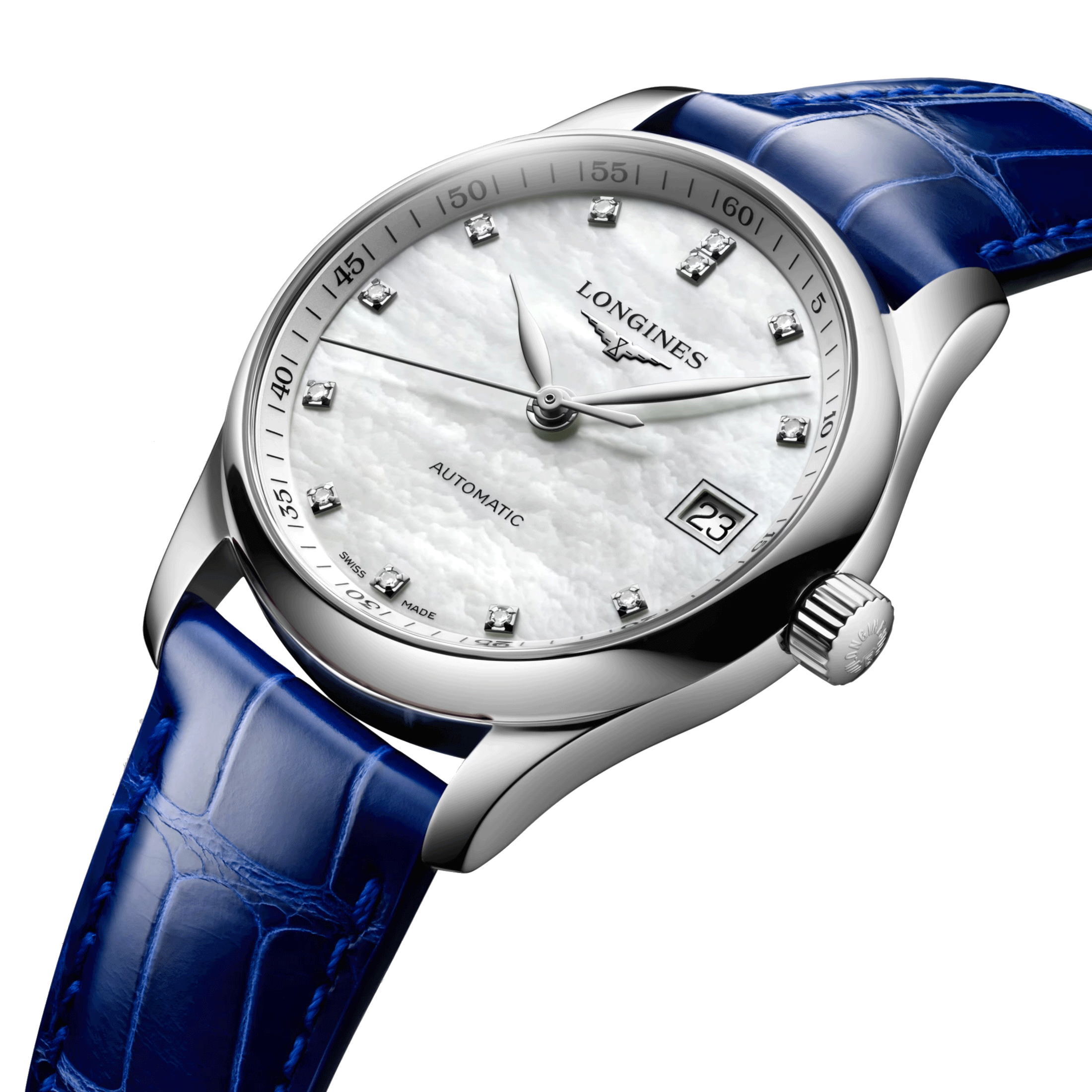 Montre Longines Master Collection automatique index diamants cadran nacre blanche bracelet cuir bleu 34 mm L2.357.4.87.0