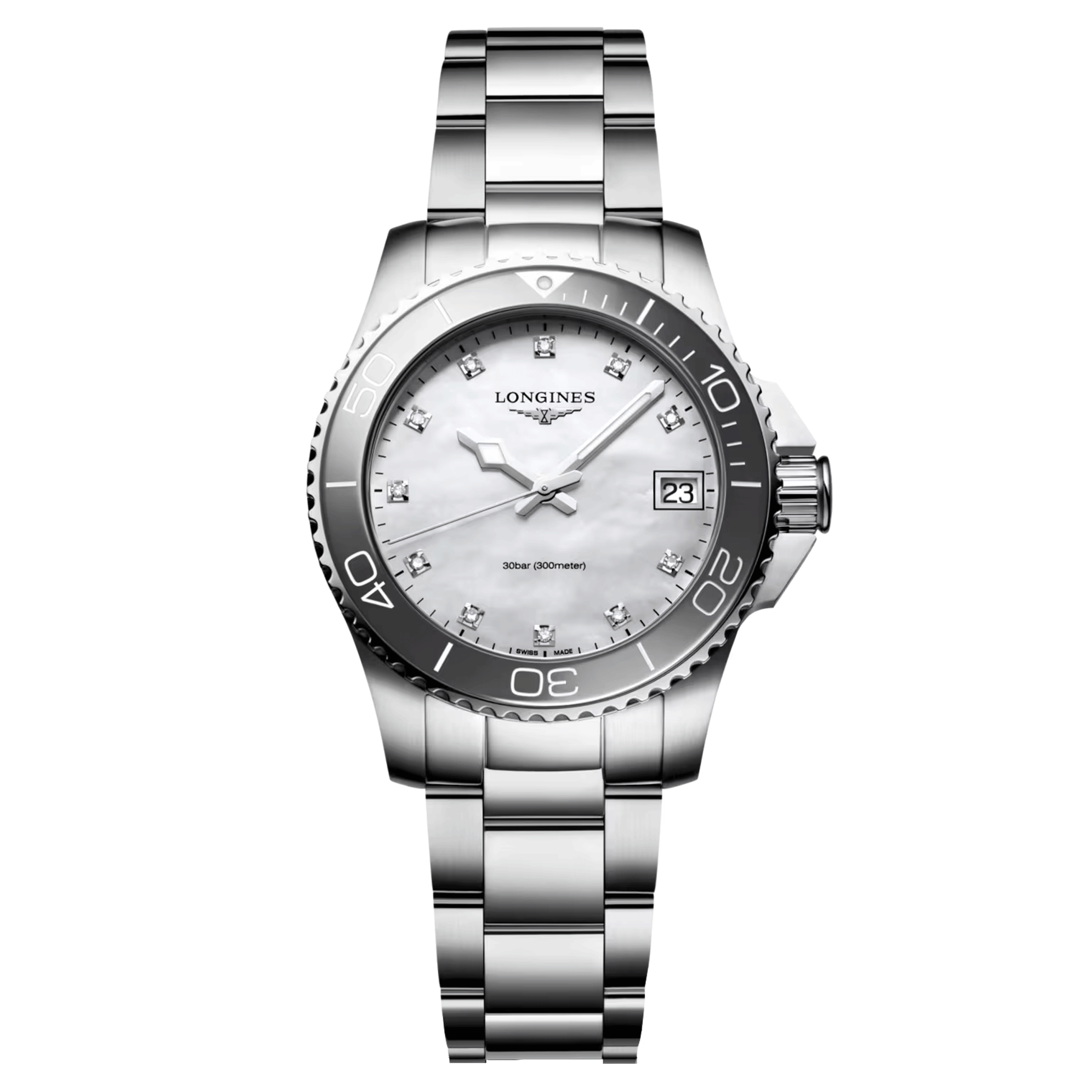 Longines HydroConquest quartz watch diamond index white mother-of-pearl dial steel bracelet 32 mm L3.370.4.87.6