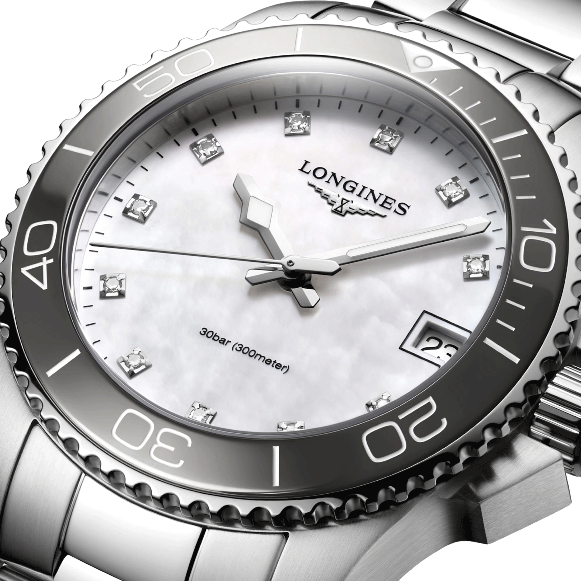 Longines HydroConquest quartz watch diamond index white mother-of-pearl dial steel bracelet 32 mm L3.370.4.87.6