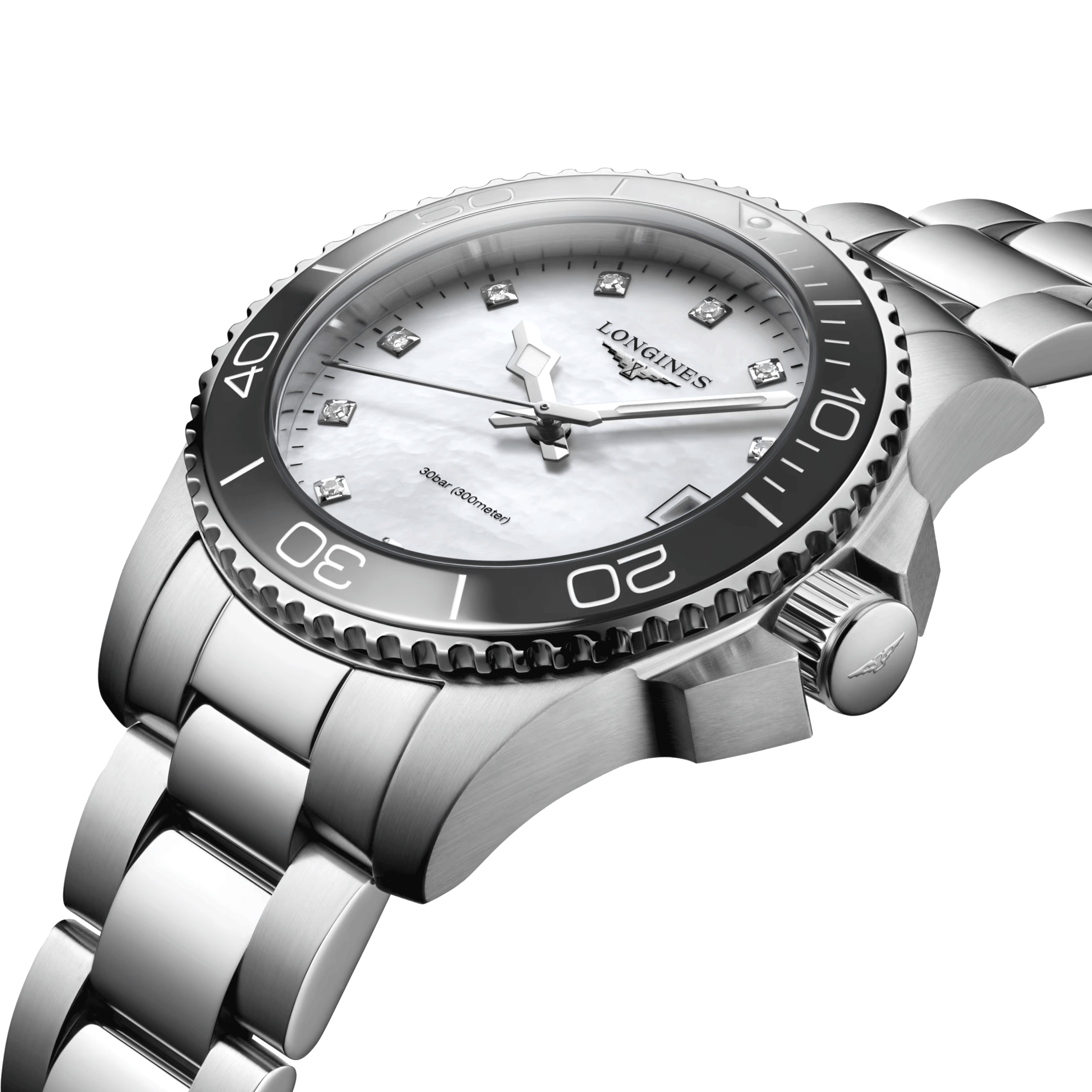 Longines HydroConquest quartz watch diamond index white mother-of-pearl dial steel bracelet 32 mm L3.370.4.87.6