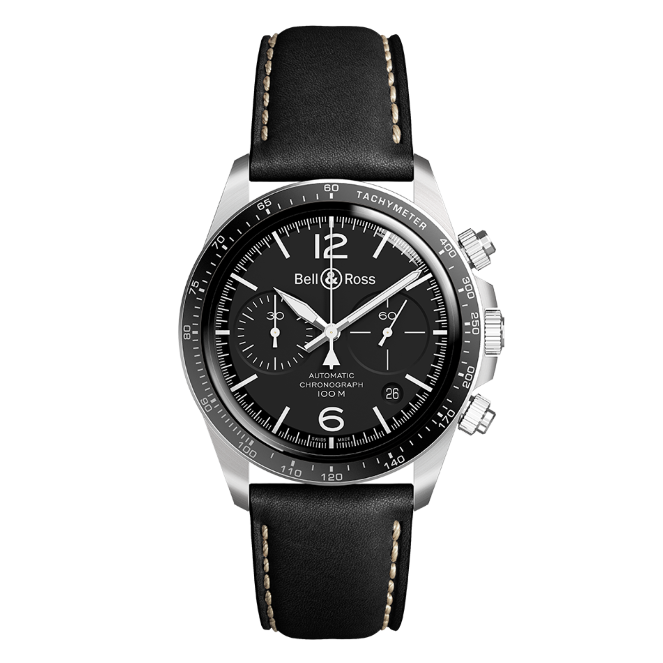 Montre Bell & Ross BR V2-94 Black Steel automatique cadran noir bracelet cuir 41 mm