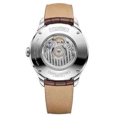 Baume et Mercier Clifton Power Reserve automatic watch white dial brown leather strap 43 mm 10205