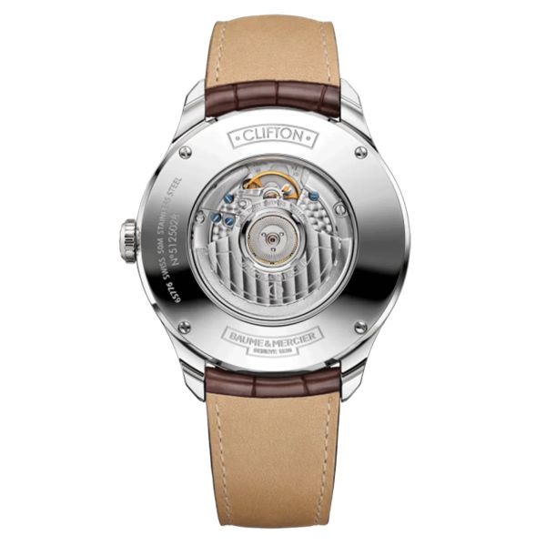 Baume et Mercier Clifton Power Reserve automatic watch white dial brown leather strap 43 mm 10205