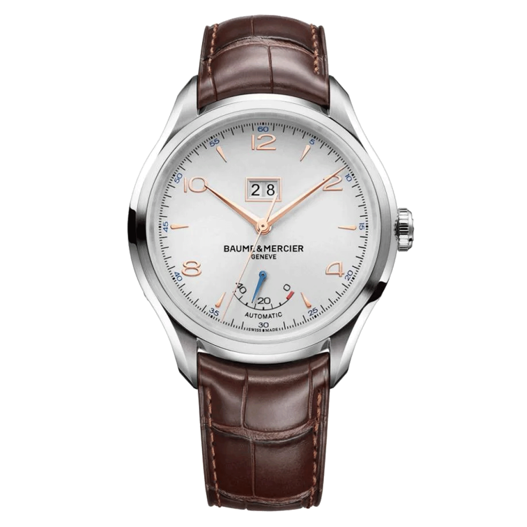 Baume et Mercier Clifton Power Reserve automatic watch white dial brown leather strap 43 mm 10205