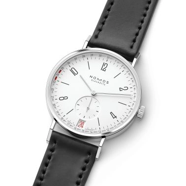 Montre NOMOS Tangente 2date cadran blanc argenté mécanique bracelet cuir noir fond verre saphir 37,5 mm
