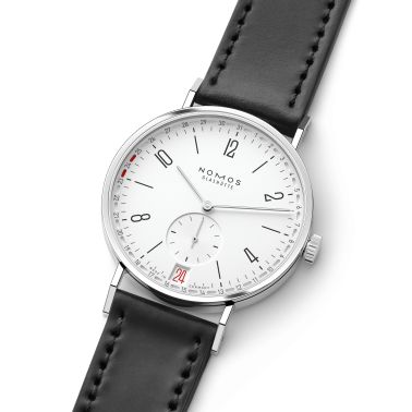 NOMOS Tangente 2date silver-white dial manual-wind black leather strap sapphire crystal back 37,5 mm