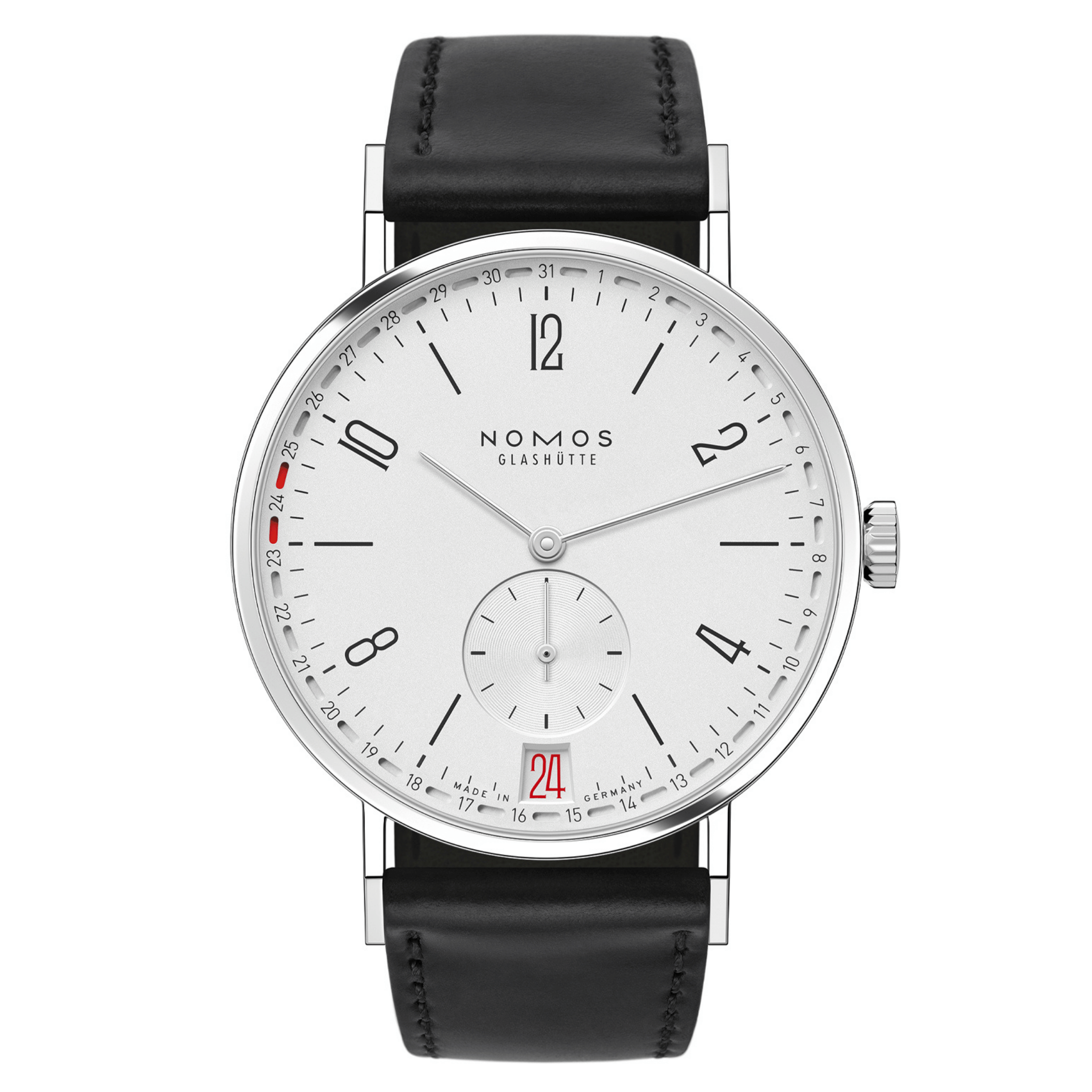 NOMOS Tangente 2date silver-white dial manual-wind black leather strap sapphire crystal back 37,5 mm